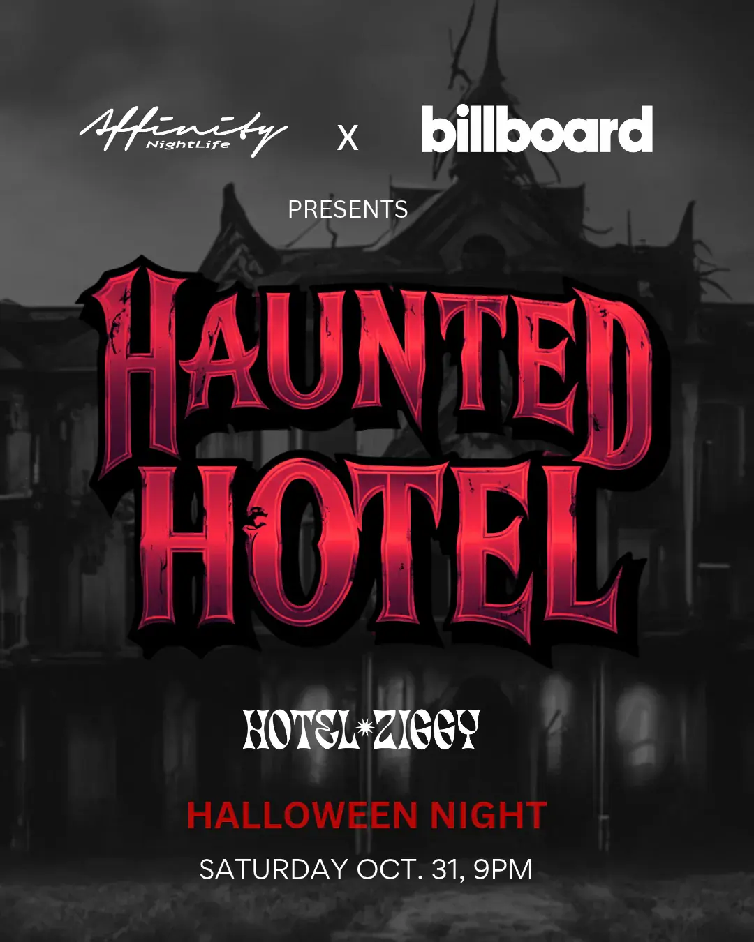 Billboards Halloween-Kostümball mit rotem Teppich im Hotel Ziggy