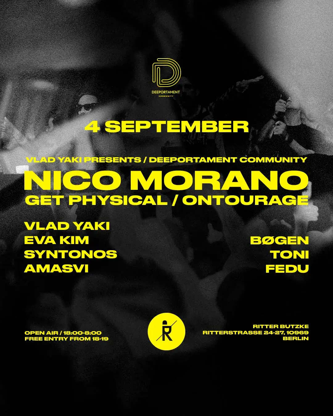 Deeportament Community with Nico Morano (Open Air & Indoor) - Free entry until 7 PM